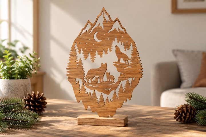 Rustic Wolf Mountain Laser Cut Wood Art